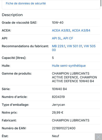 HUILE DE MOTEUR 10W40 / 5 LITRES